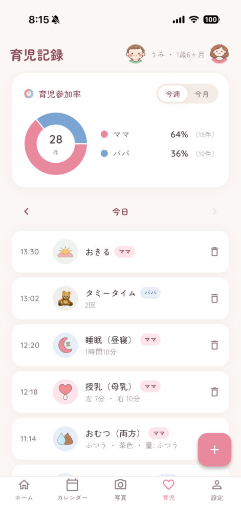 ママレコの育児記録画面。授乳・おしっこ・うんち・睡眠・離乳食が時系列で並んでいる