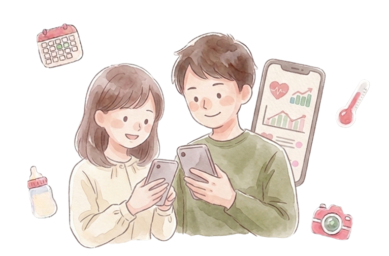 スマホでママレコを見ながら話すふたり