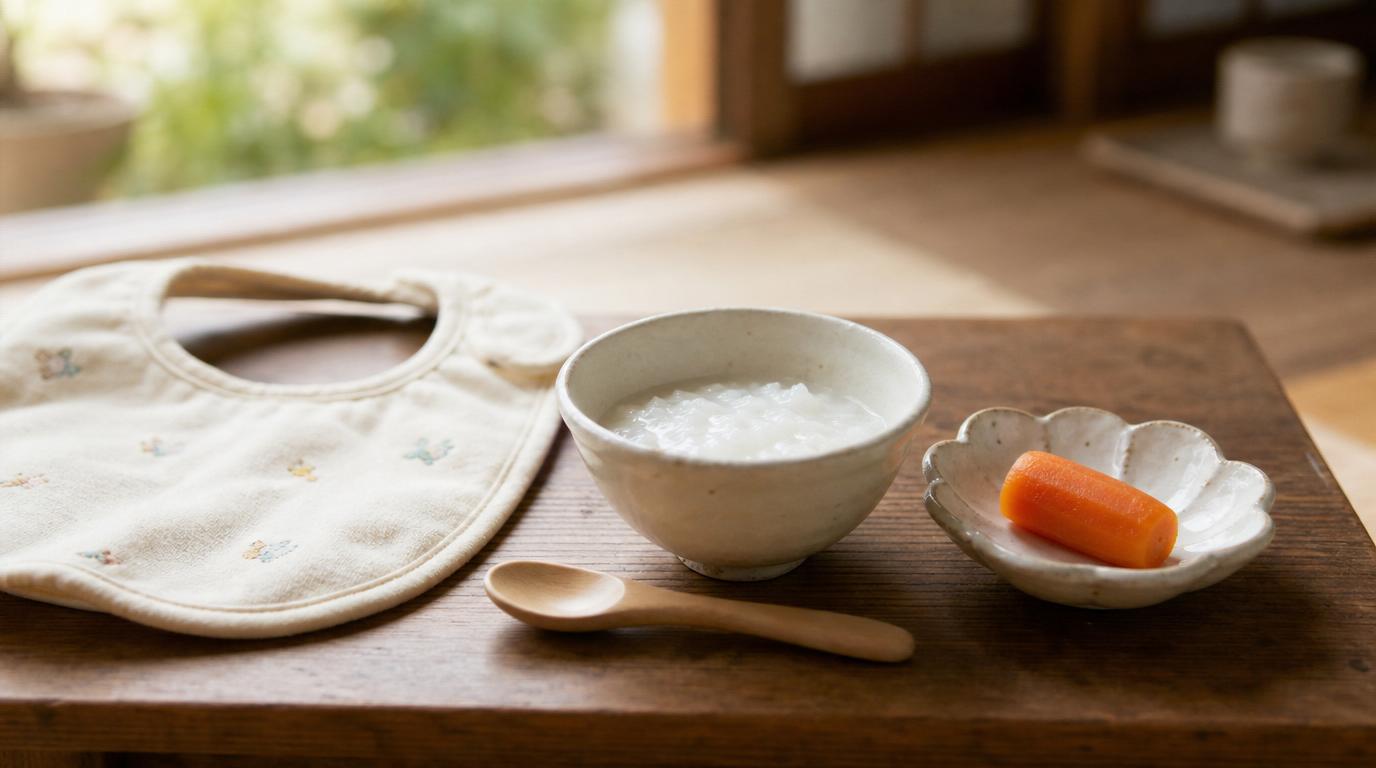 離乳食のイメージ。小さな器とスプーン、やわらかいおかゆ