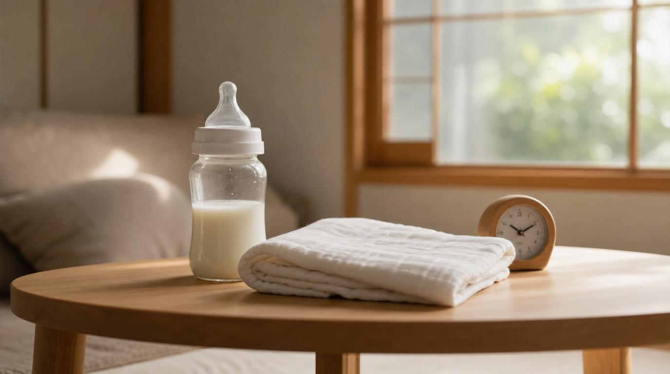 授乳のイメージ。哺乳びんとたたんだガーゼ、砂時計