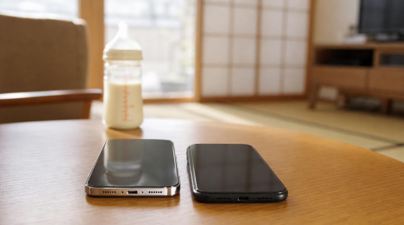 ふたりのスマホがやわらかい線でつながっているイメージ