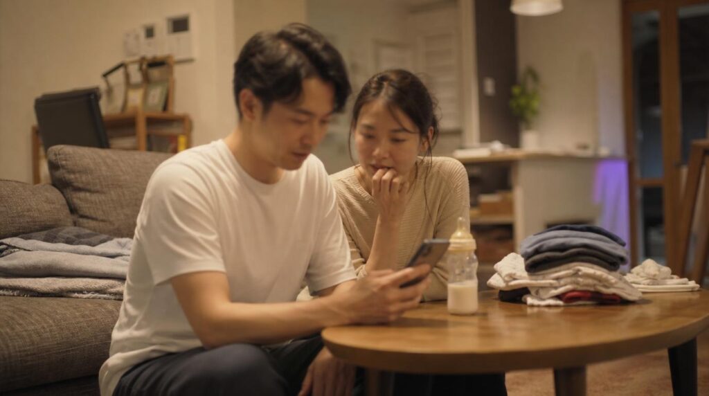 夫婦が1台のスマホを見てる画像
