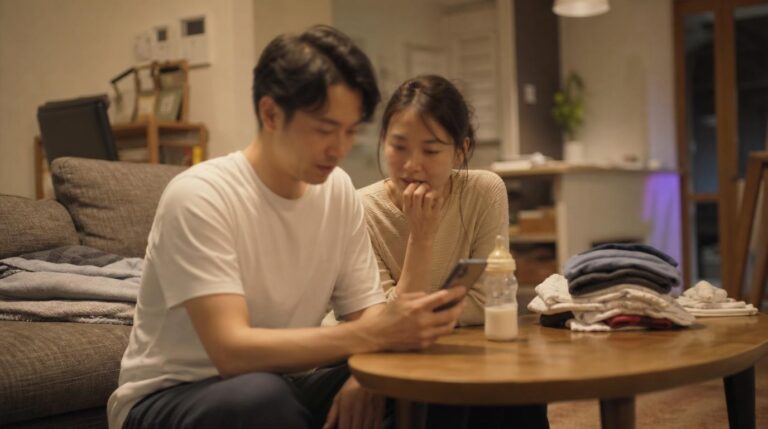 夫婦が1台のスマホを見てる画像