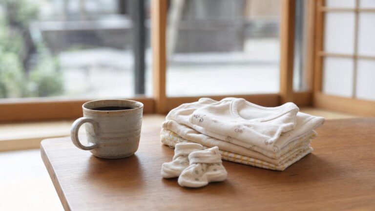木のテーブルに畳まれたベビー服と小さな靴下、コーヒーカップが置かれた窓辺のイメージ