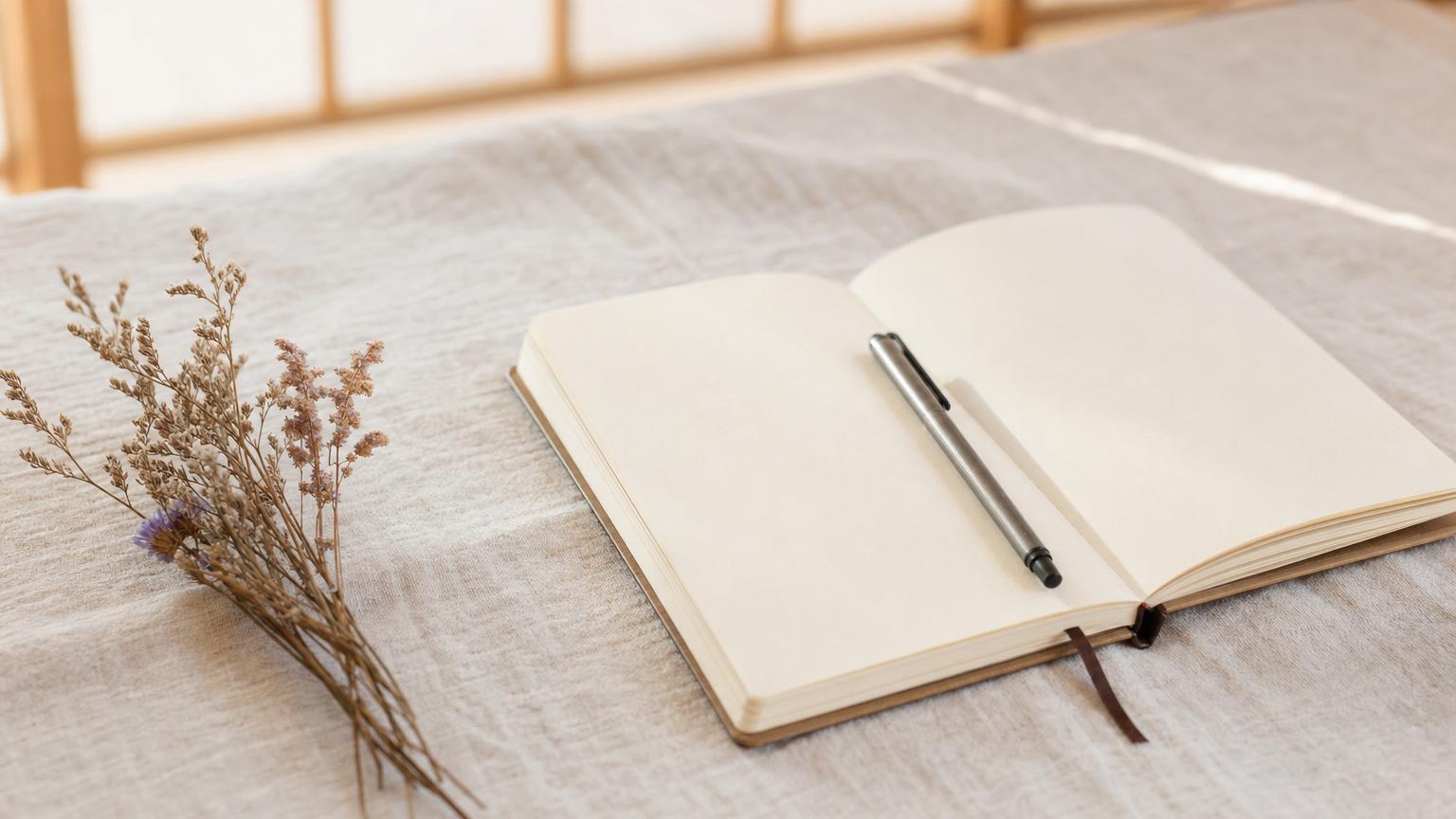 淡い色のリネンの上に置かれた、何も書かれていない開いたノートとペン、傍らの小さなドライフラワー