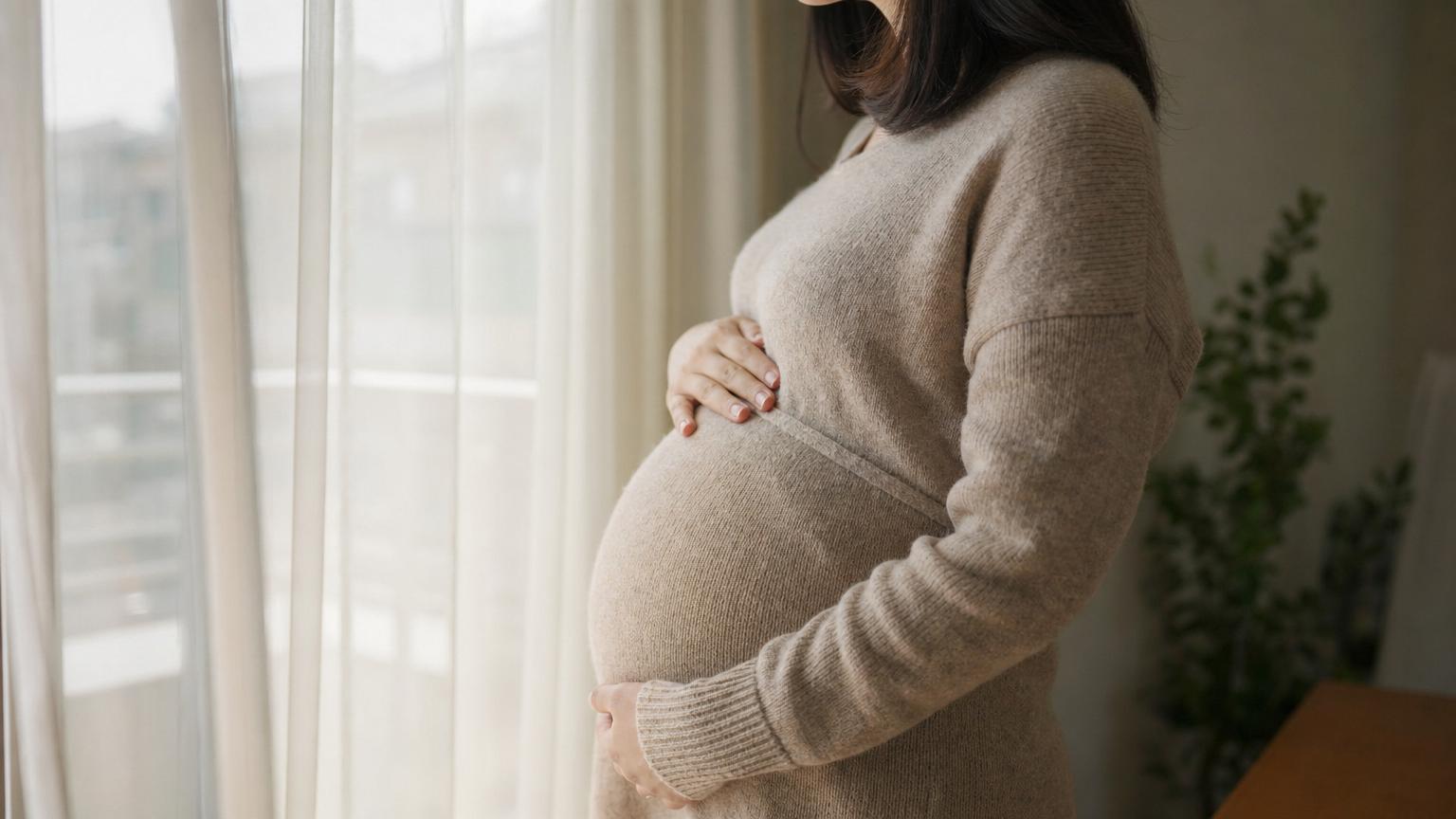 窓辺に立ち、おなかに手をあてる妊娠中の女性の横姿。顔は写っていない