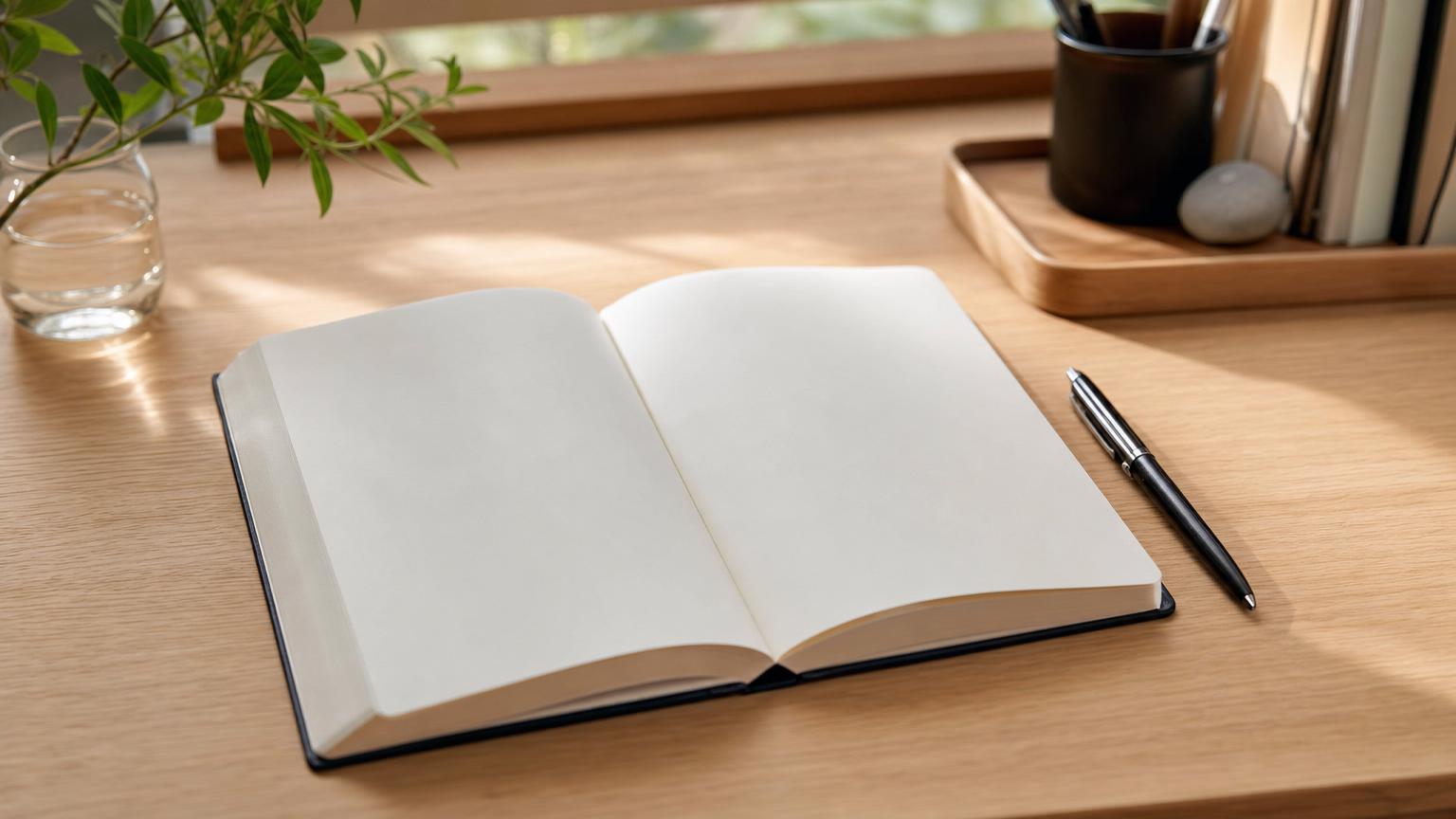 机の上で開かれた、何も書かれていない手帳の見開きページとペン、やわらかな自然光