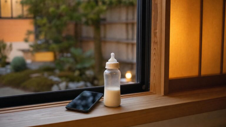 夜の和室の隅、窓辺に置かれたスマートフォンとガーゼ・哺乳瓶が暖かい灯りに照らされている