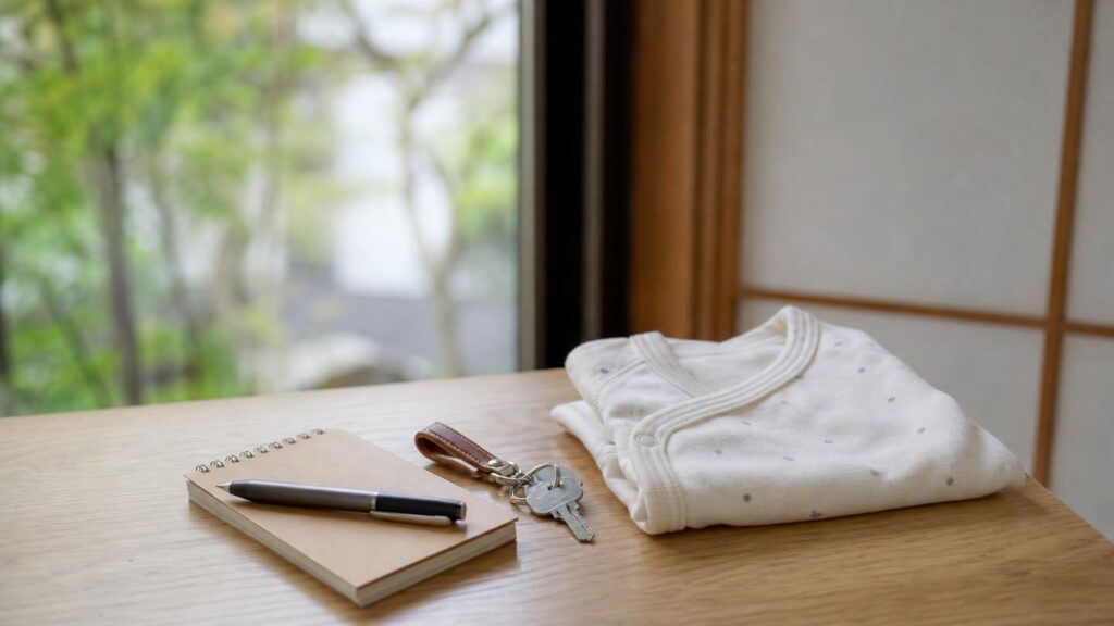 窓辺の明るい木のテーブルに置かれたメモ帳とペン、家の鍵、たたんだ新生児の服（人物なし）