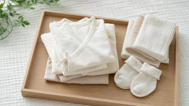 木のトレイにたたんで並べた新生児用の肌着、ガーゼ、小さな靴下のフラットレイ（人物なし）