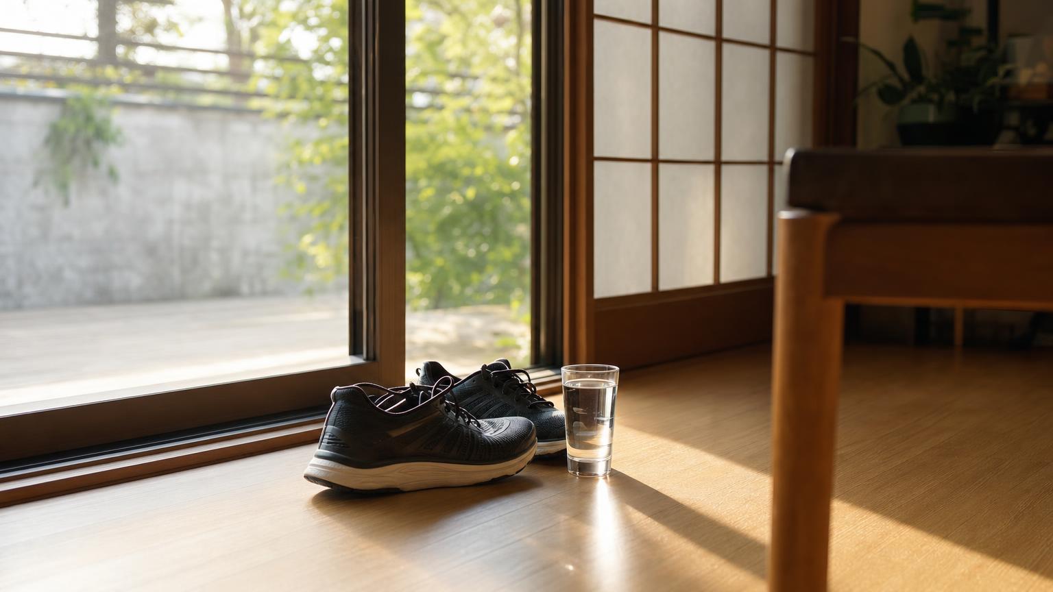 日本の家庭の窓辺、朝の光がさす木の床に置かれた男性用のランニングシューズと水の入ったグラス