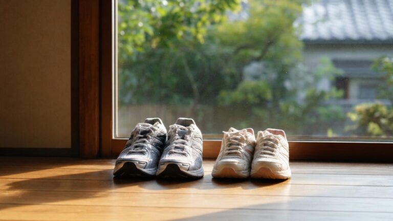 窓辺の木の床に並べて置かれた大小ふたそろいのランニングシューズと、朝の光