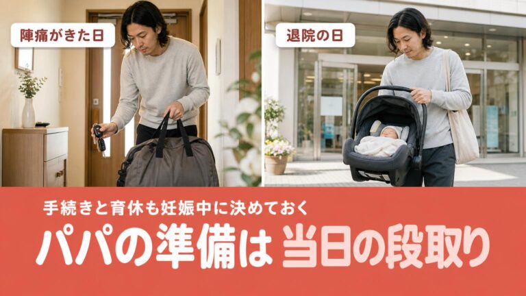 入院バッグと車の鍵を持つ父親と、チャイルドシートで赤ちゃんを運ぶ父親の2枚の写真に「パパの準備は当日の段取り」の文字
