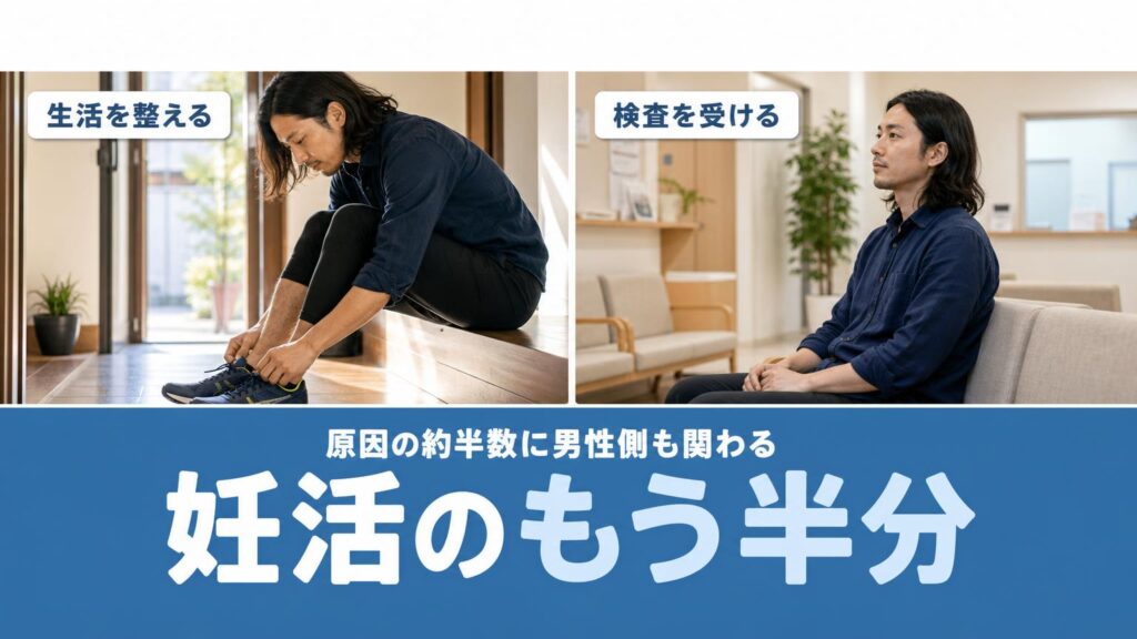 靴ひもを結ぶ男性と、クリニックの待合にいる男性の2枚の写真に「妊活のもう半分」の文字