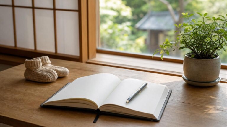 窓辺の木のテーブルに広げたノートとペン、小さなベビーソックスと観葉植物が置かれた落ち着いた在宅の風景（人物なし）