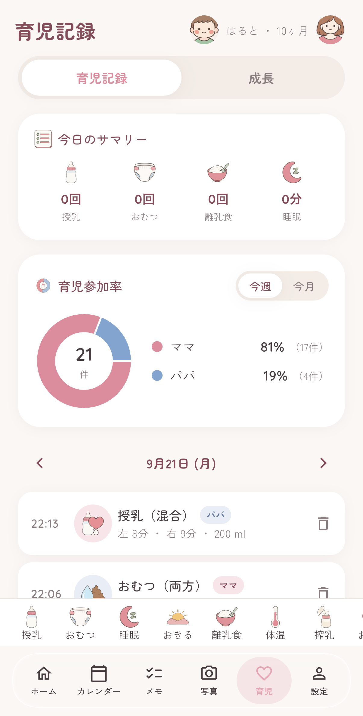 ママレコの育児記録画面。今日のサマリーと育児参加率、記録した人がママ／パパのバッジでわかる