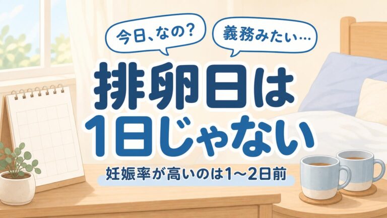 寝室のサイドテーブルのイラストに、「今日、なの？」「義務みたい…」の吹き出しと「排卵日は1日じゃない」の文字