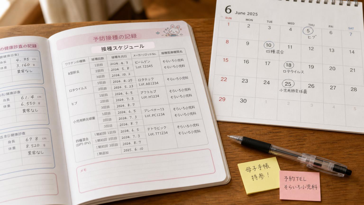 予防接種の記録ページを開いた母子手帳と、日付に印をつけたカレンダー、ペンと付箋が木のテーブルに並ぶ様子。中央に「接種スケジュール」の文字