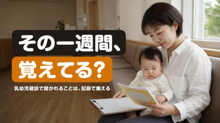 健診の待合室で、母子健康手帳と問診票を手に、ひざの上の赤ちゃんをあやす保護者の様子