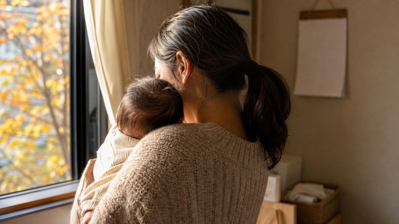 秋の光が差す部屋で、乳児を抱きながら予定を思案する親の後ろ姿