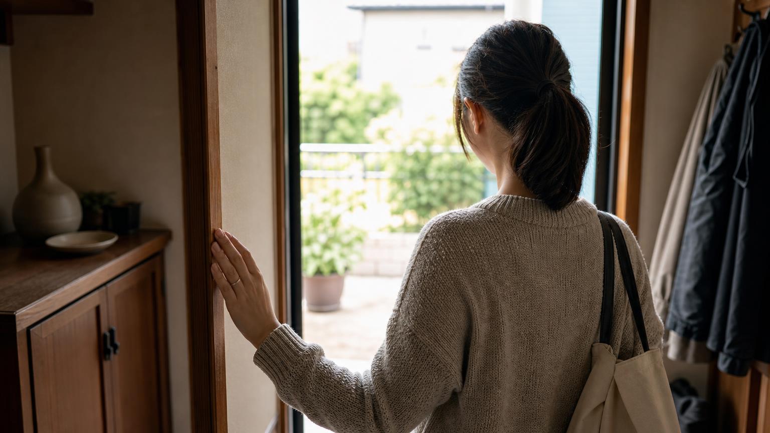 玄関でバッグを肩にかけ、ドア枠に手をそえたまま立ち止まる人の後ろ姿