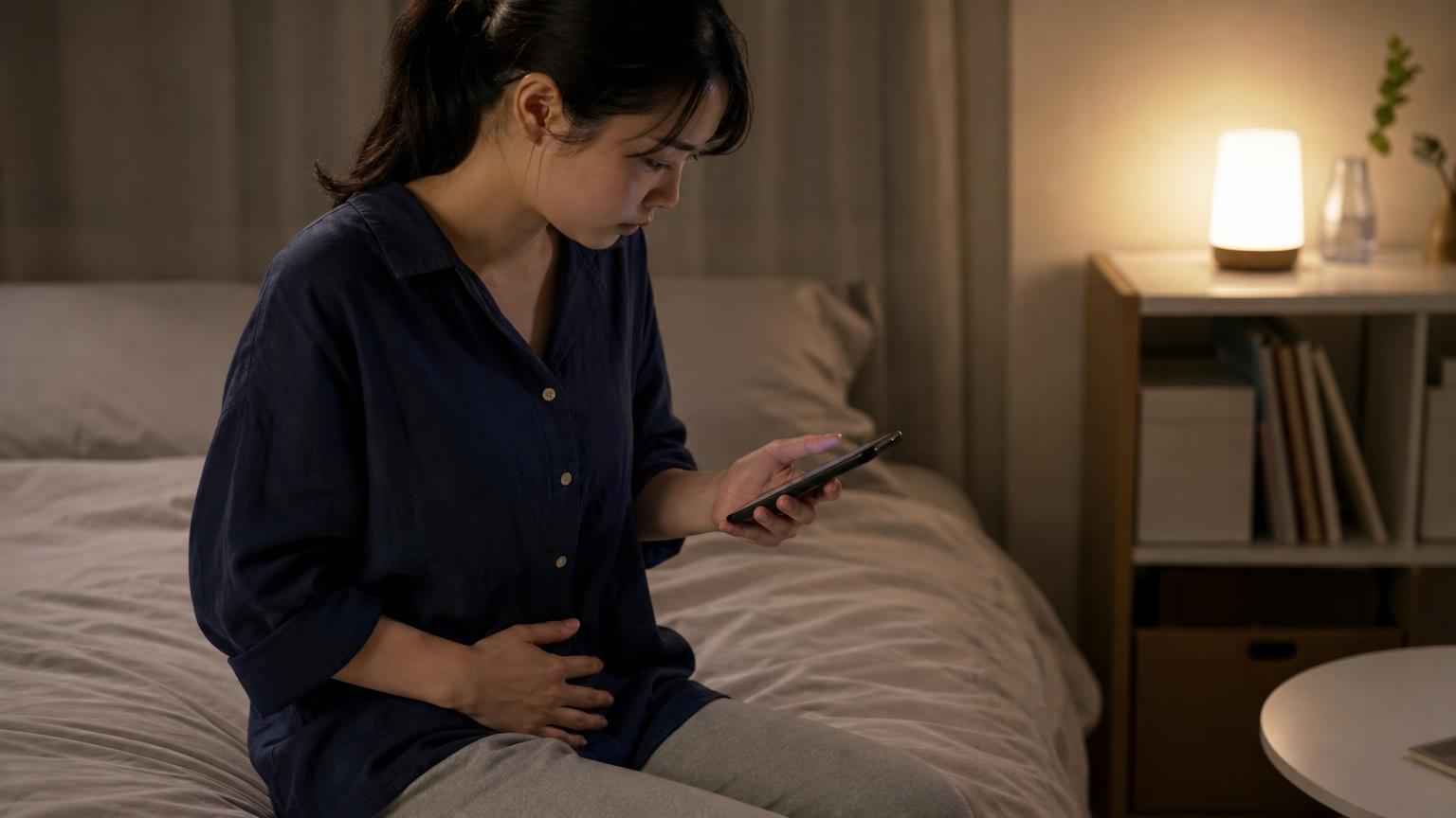 薄暗い寝室でベッドの端に腰かけ、片手を下腹部にそえ、もう片方の手でスマートフォンを持って産院に連絡しようか考える女性
