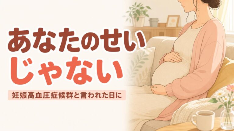 妊娠後期の女性が自宅のソファで静かにおなかに手を添えている写真に「あなたのせいじゃない」の見出しと「妊娠高血圧症候群と言われた日に」の文字を重ねたアイキャッチ