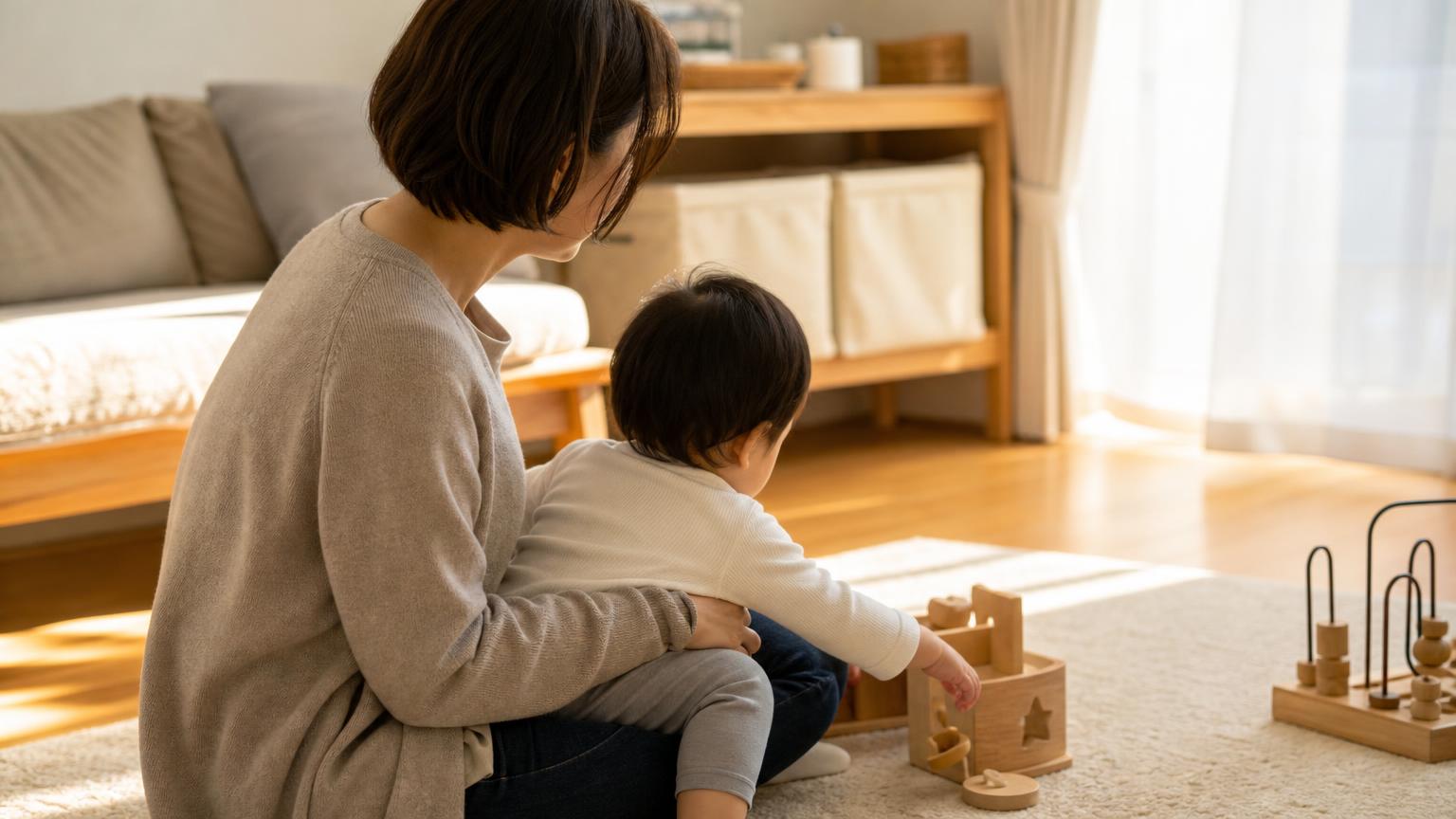 明るい居間で、母親のひざに座った幼児が授乳よりそばの木のおもちゃに手をのばしている後ろ姿
